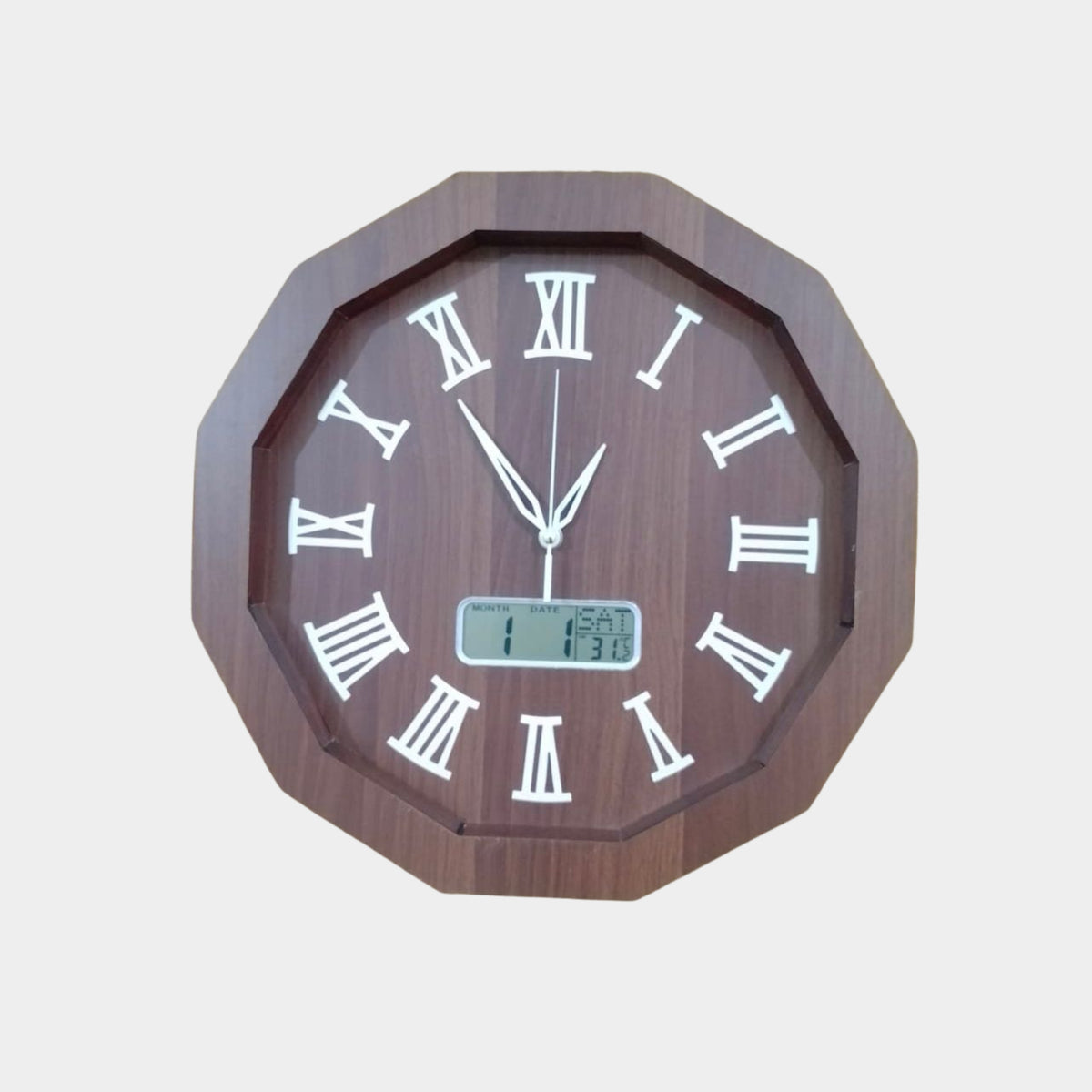 Wooden Octagonal Analog-Digital Wall Clock with Roman Numerals